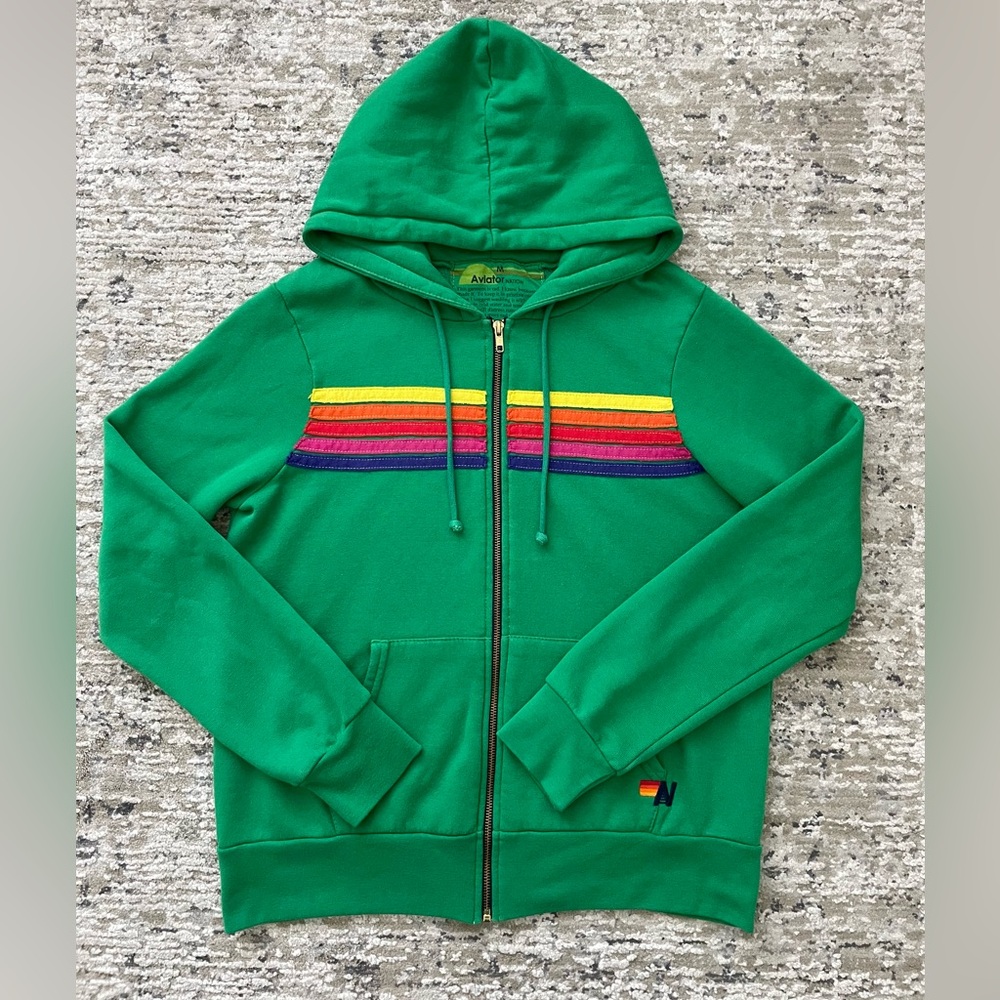 Aviator Nation 5 Stripe Green Zip Up Hoodie Size M Made USA Rare St Pattys Day - Picture 11 of 11